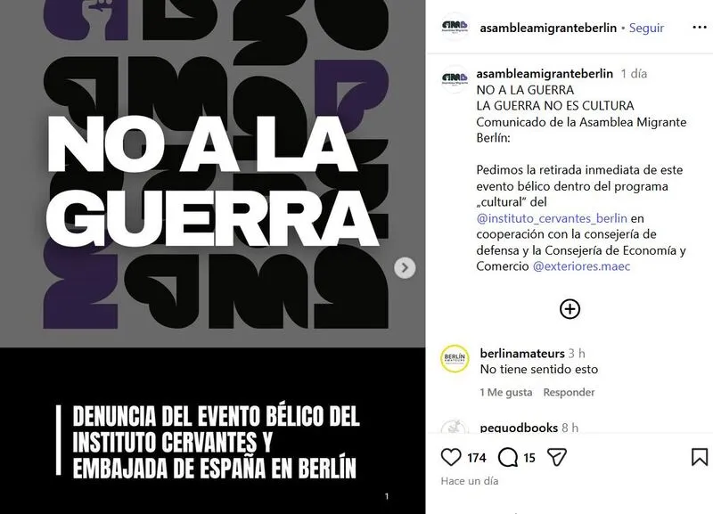 La presión social frena la propaganda de la industria bélica a través del Instituto Cervantes en Berlín La cultura NO es la guerra. Alto a los mercaderes de la muerte